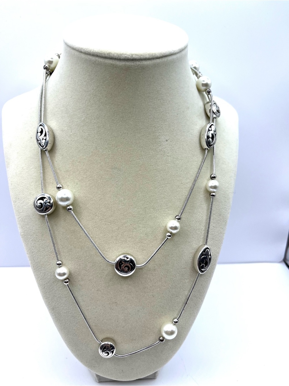 Brighton Contempo Pearl Station Long Necklace Silver Tone Brighton